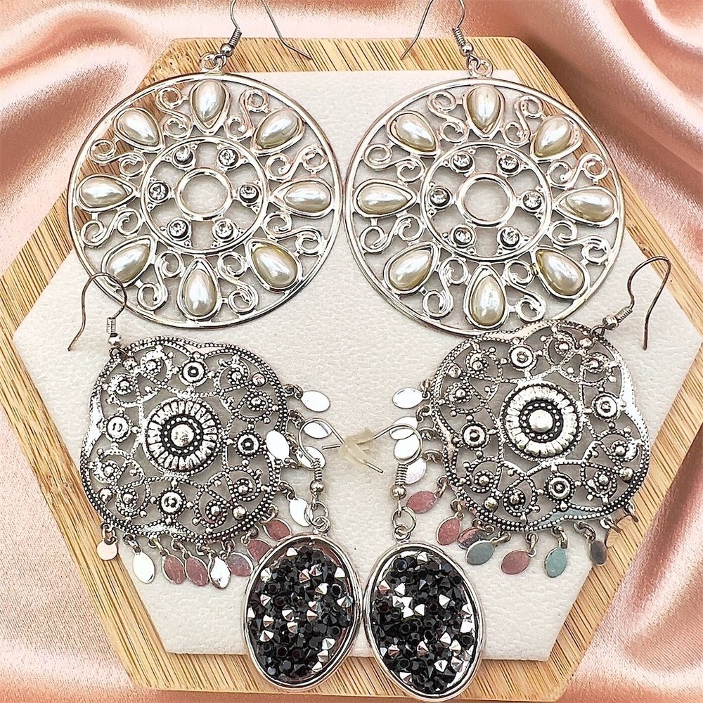 Vintage Estate Pierced Dangle Earrings Lot 3 Pairs Druzy Faux Pearl Circle Boho